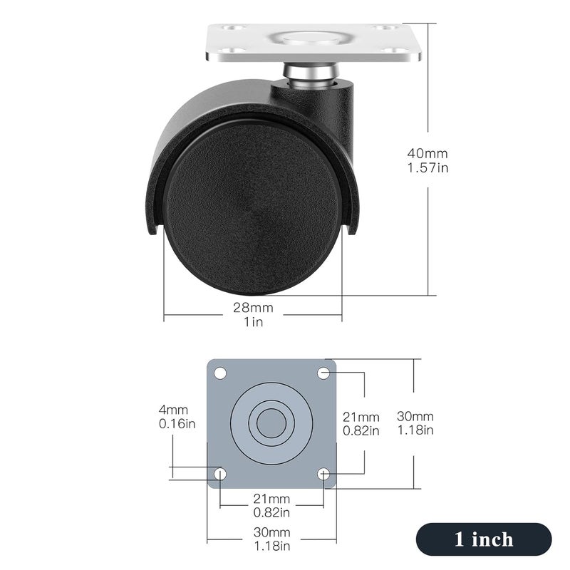 ANDUTEES 1 Inch Small Casters Set of 4, Plastic Black Nylon Low Profile Wheels Swivel Mini Casters for Furniture, Baby Bed, Kitchen, Cabinet, Table (with Stainless Steel Screws) - Image 2